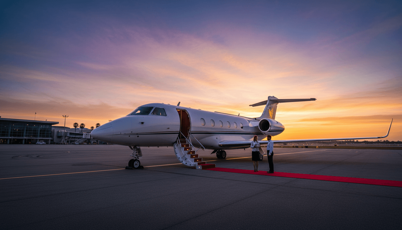 Private jet ready for departure at golden hour